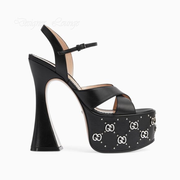 NEW GUCCI Janaya Interlocking G Studs Black Leather Platform Sandal 40.5 US 10.5 - Picture 11 of 15